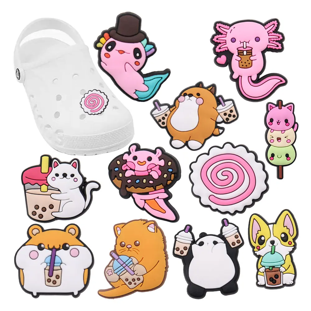 

New Arrival 1-11pcs PVC Shoe Charms Cute Hamster Cat Panda Corgi Milk Tea Accessories Shoes Buckles Fit Kids X-mas Gift