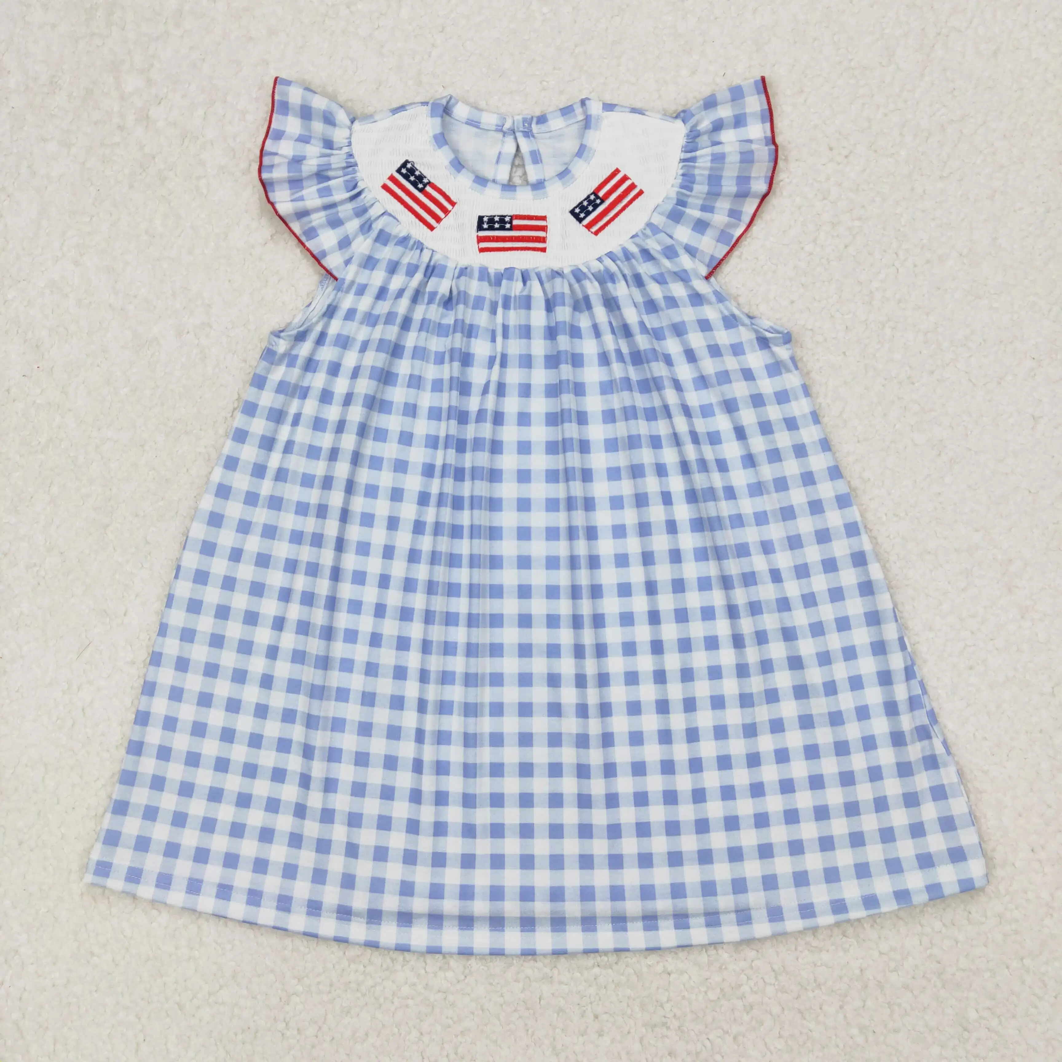 

3.24y NEW stock infant girls summer clothing wholesale boutique smocked National Day embroidered flag plaid flying sleeve dress