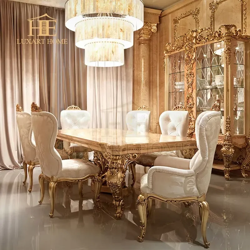 Light French Rococo Style Carved Wood Dining Table Chair Exquisite Handcrafted Shell Parquet Dining Furniture