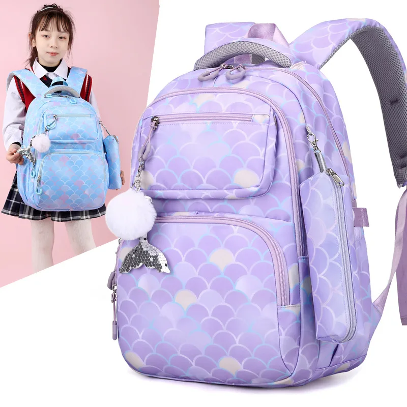 3pcs/Set Fish Scale Print Kid Backpack With Mermaid pendant Girl waterproof School Bag Children Schoolbag  For teenage girls