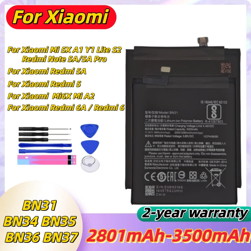 

Li-ion Battery 2801mAh-3500mAh Original For Xiaomi BN31 BN34 BN35 BN36 BN37 For Xiaomi Mi6X Mi A2/Redmi5/5A/6/6A/Note 5A/5A Pro