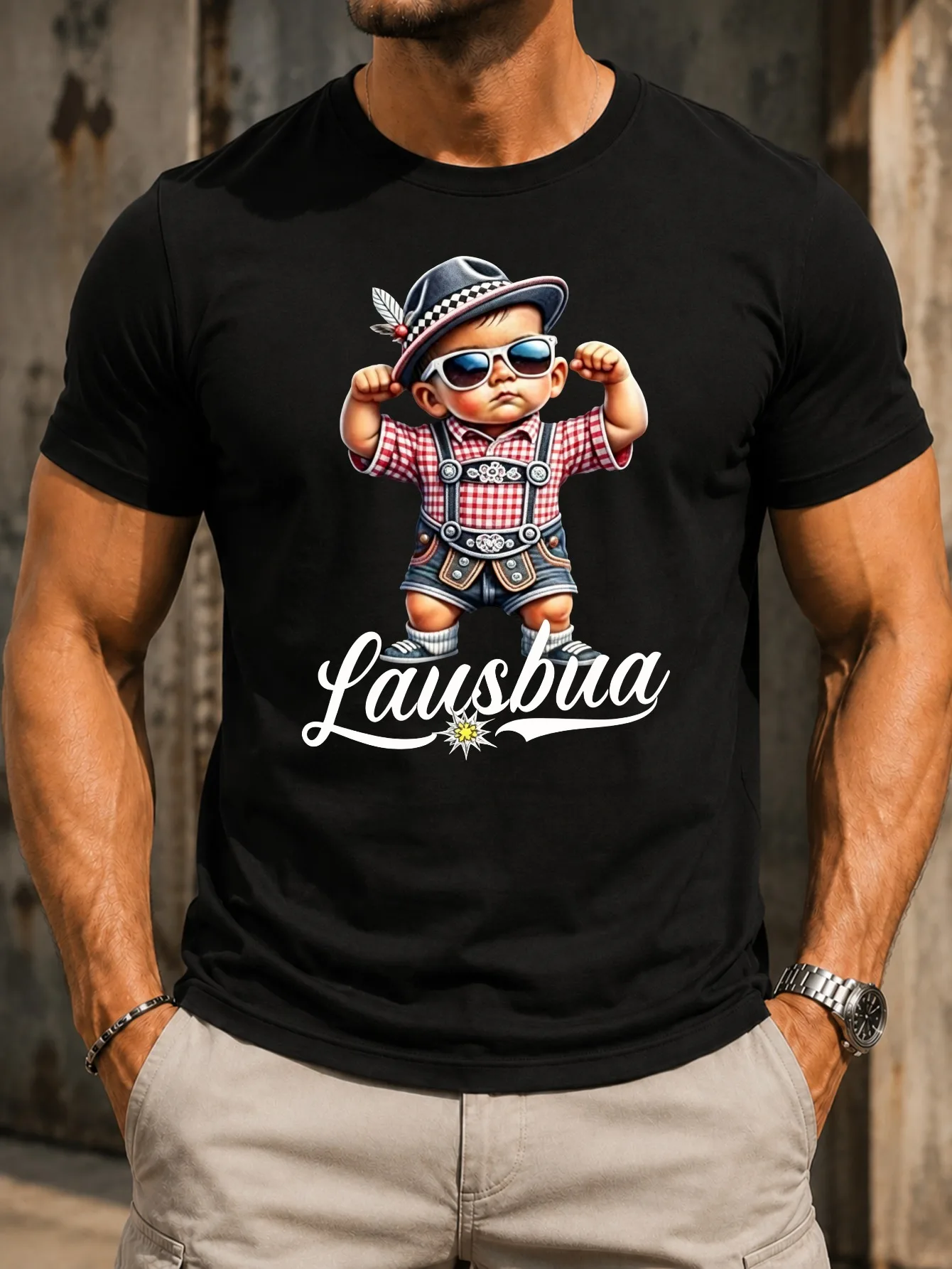 Lausbua Cute Baby In  Alpine  Flexing Pose Bavarian Humor Script Unisex All  Unisex All T-Shirt