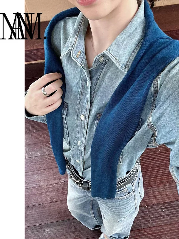 

NAN Classic Retro Light Wa Blue Denim irt Women's Loose Fit Soft Outerwear Long Sve Flip Collar Faionable Autumn Coat