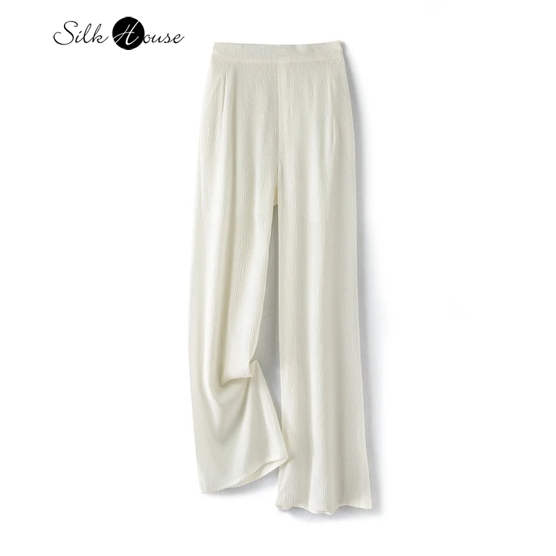 

2025 Women's Fashion New Style Light Luxury 100% Natural Mulberry Silk Guanle Crepe White High Waisted Straight Leg Pants