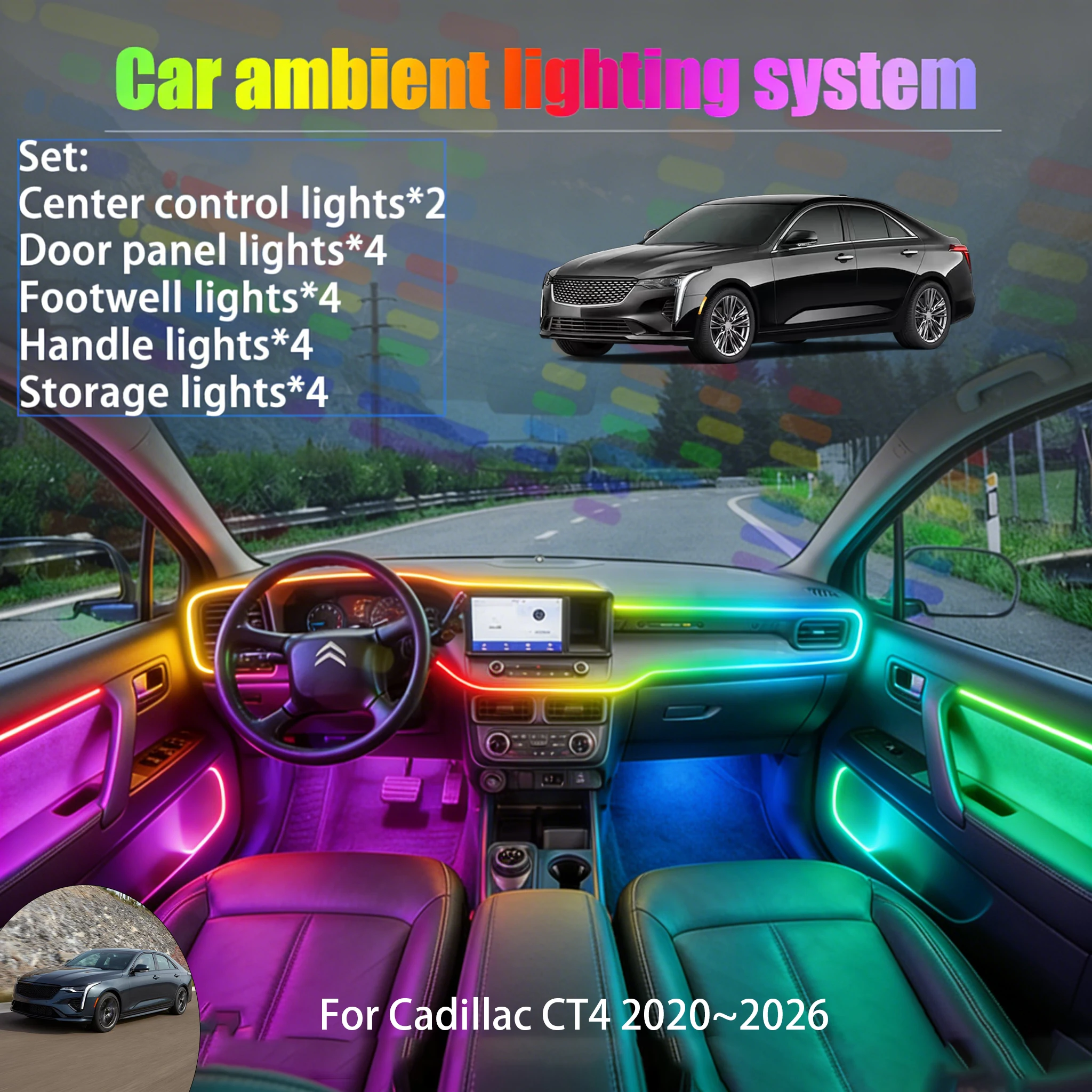 

For Cadillac CT4 2020~2026 2/18 in 1 Car ambient lighting Led trunk interior led lights USB RGB Ensemble Streamer Auto Parts