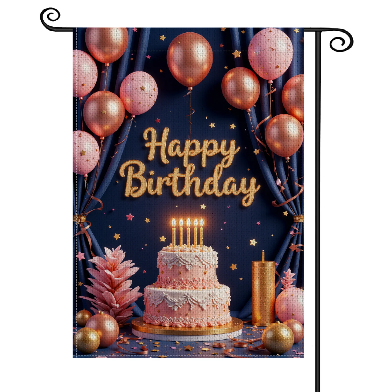 Garden Flag Pink & Gold Birthday Outdoor Banner Sparkling Star Decor Navy Blue Backdrop Birthday Celebration Flag for Birthday