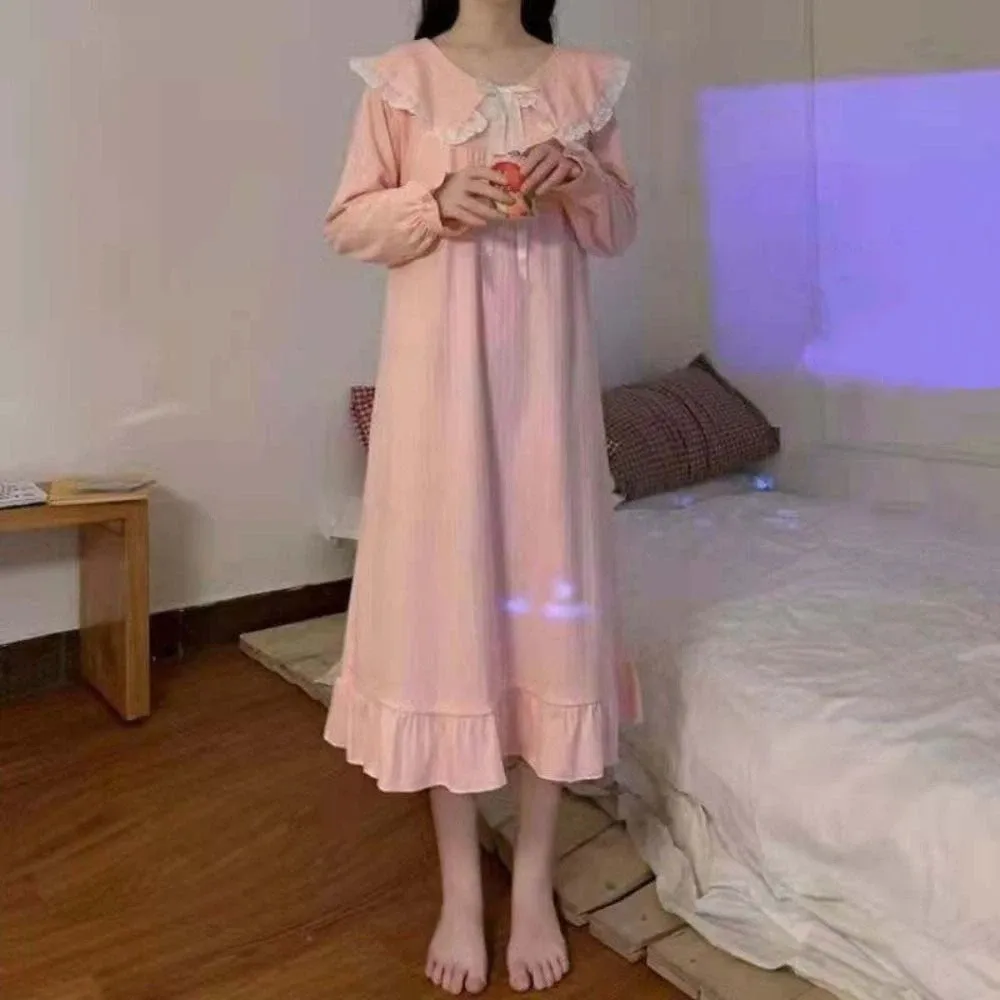 

Cute Lace Pajamas Nightgown Women Collar Loose Bowknot Ruffle Nightdress Bowknot Ruffle Long Sleeve Sleepwear Autumn