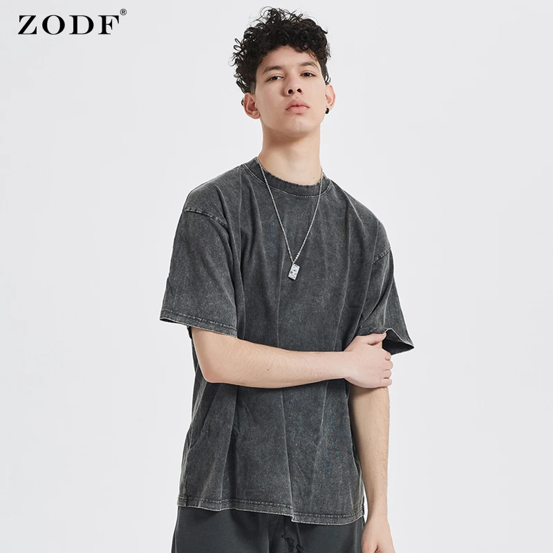 ZODF 2023 High Street Summer Washed Cotton T-Shirt Tees For Men Unisex Loose Retro Solid T Shirts Brand Tops HY0113