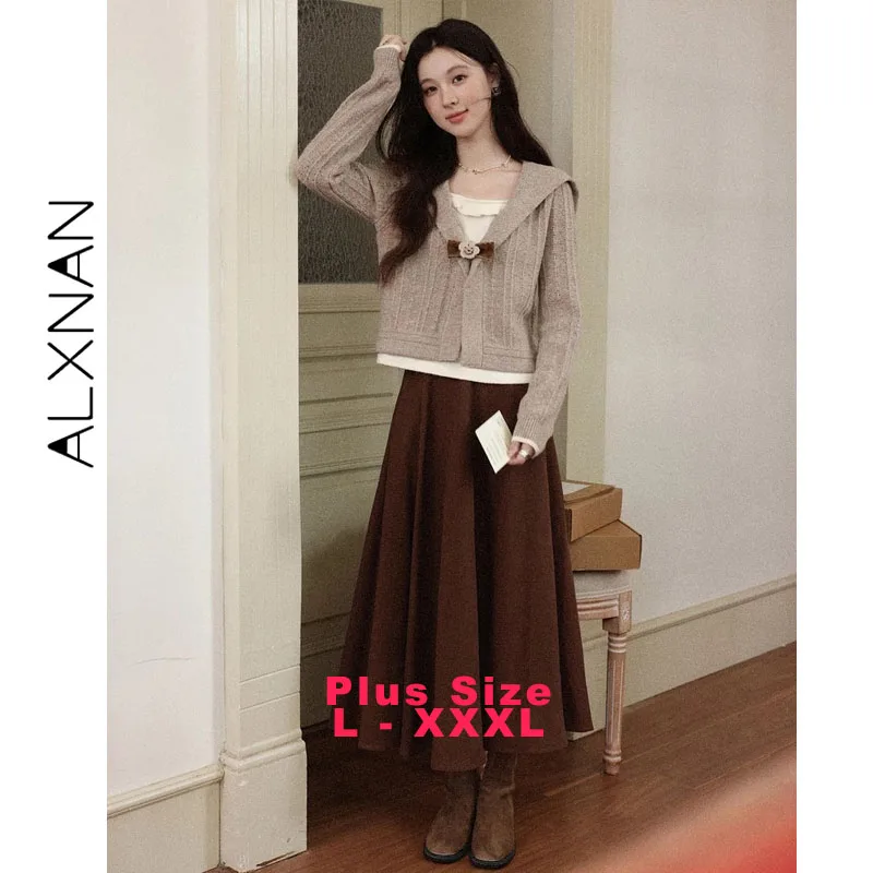 

ALXNAN женские топы с длинными рукавами больших размеров, ложный двухсекционный галстук-бабочка, пуловеры с темно-синим воротником, вязаные свитера с цветными блоками D57739