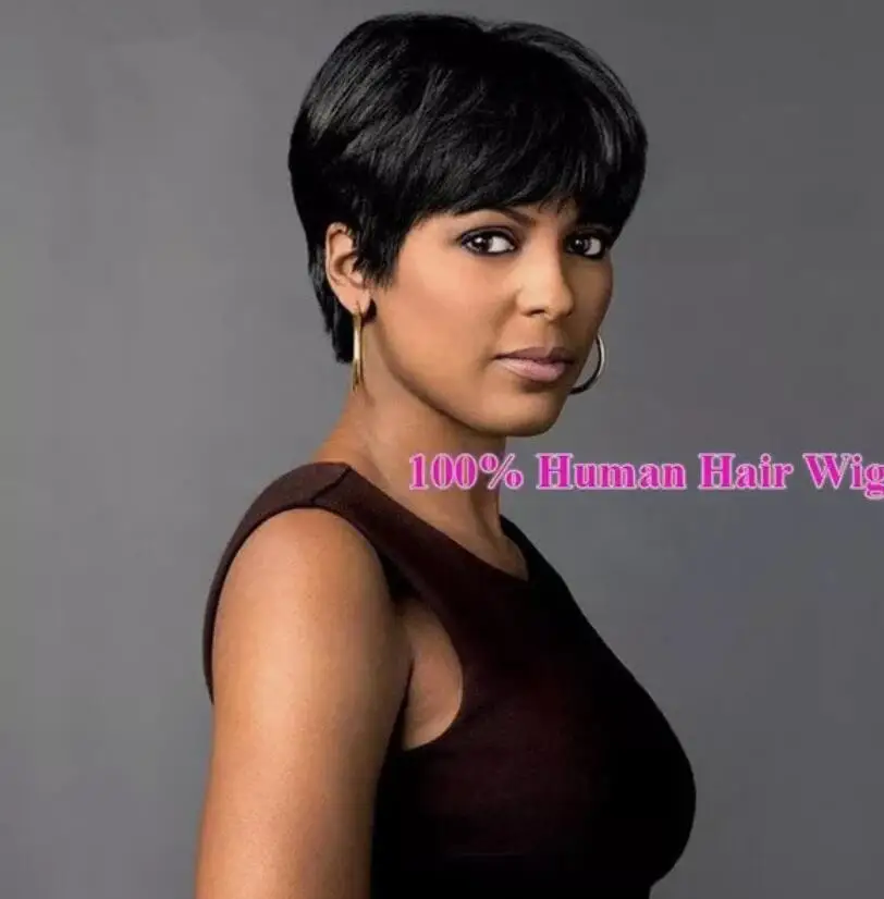 100% Human Hair Korte Steil Black Cut Full Hair Pruik Voor Vrouwen