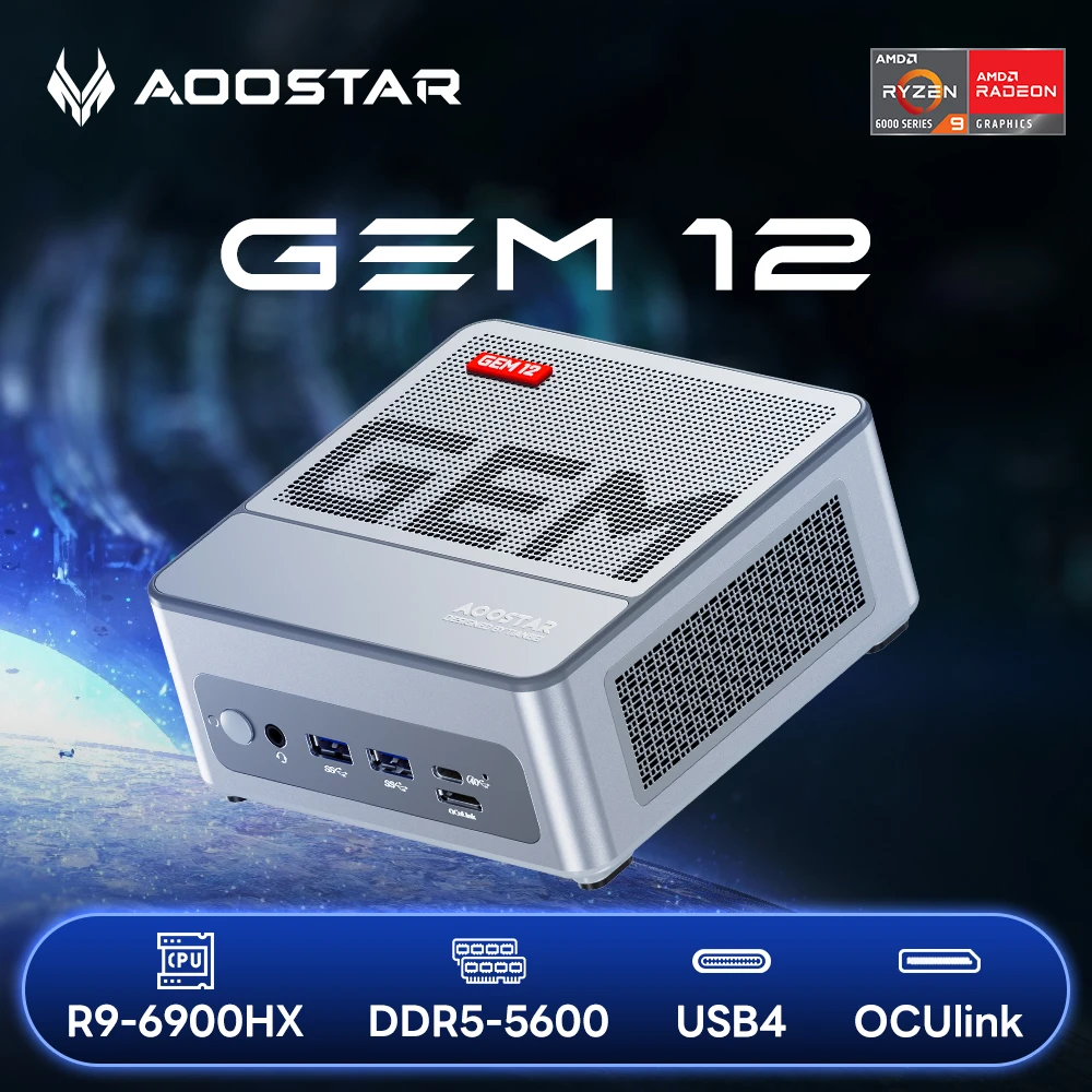 AOOSTAR GEM12 Ryzen 9 6900hx Mini PC 2 * DDR5 RAM dan 2 * NVME SSD Gaming Desktop komputer dengan OCuiLink/WiFi 6/2 * 2.5LAN