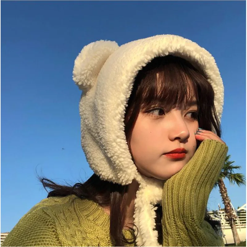 

Winter Warm Hat Women Cute Bear Ears Beanies Windproof Cap Student Women Add Wool Cap Girls Hat