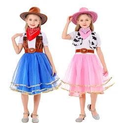Western Cowboy Cow Costume Girl Halloween Carnival Wild West Fancy Dress Kids Cowgirl Holiday Party Vestidos Cosplay 4PCS Set