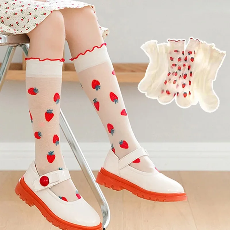 

2024 New Summer Thin Model Children's Cute Pile Socks Anti-mosquito Lace Lace Mid-tube Socks Girls Crystal Glass Silk Calf Socks