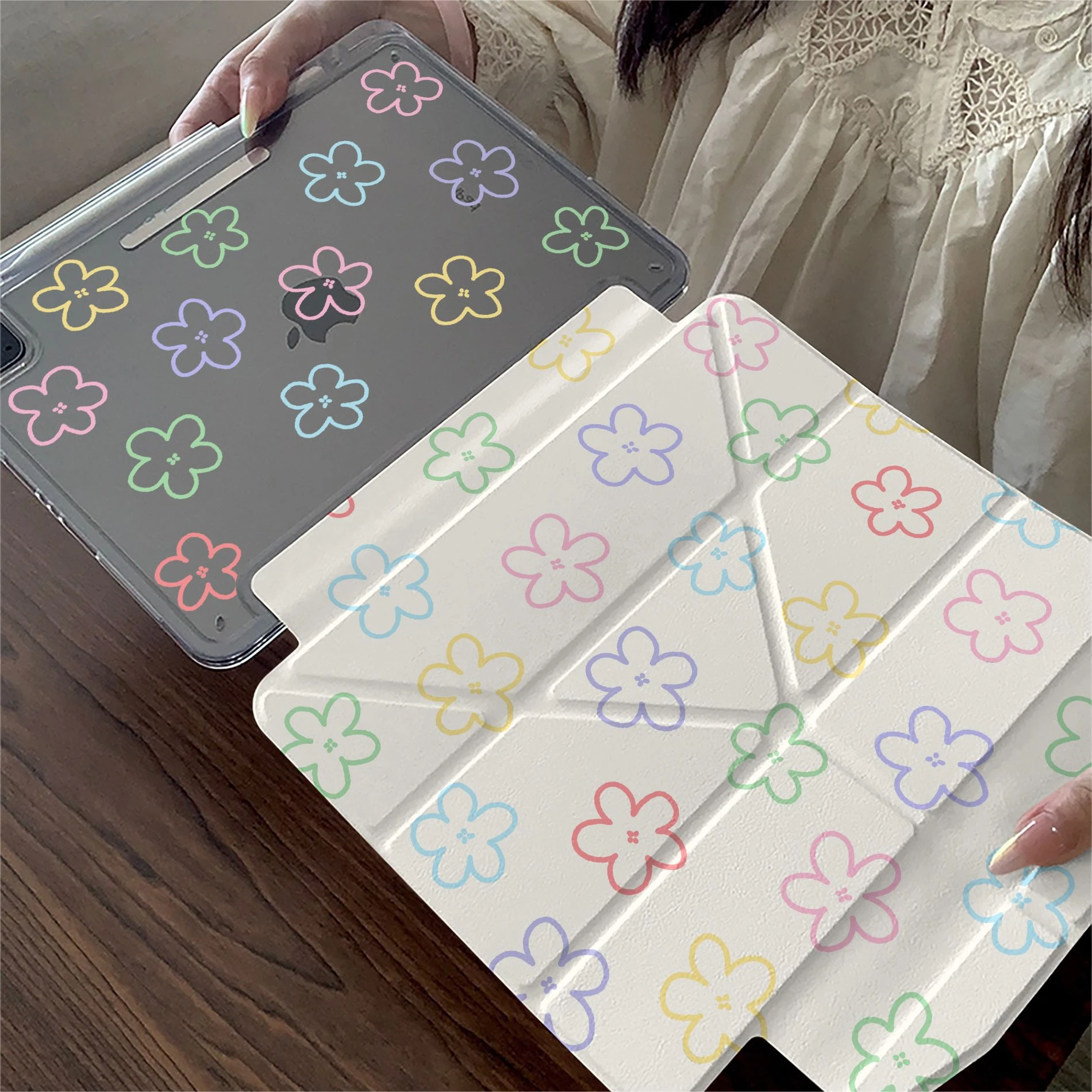 Cute Line Flower Tablet Case For iPad Pro 11 12.9 13 A16 M2 M4 M3 M5 Shell 8.3 9.7 10.2 5/6/7/8/9/10/11th Mini Air 3 4 5 6 Cover