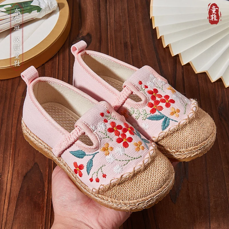 Zapatos Hanfu de tela para niños, zapatos de pescador de lino de viento nacional, estilo chino, vestido Tang bordado, primavera y otoño