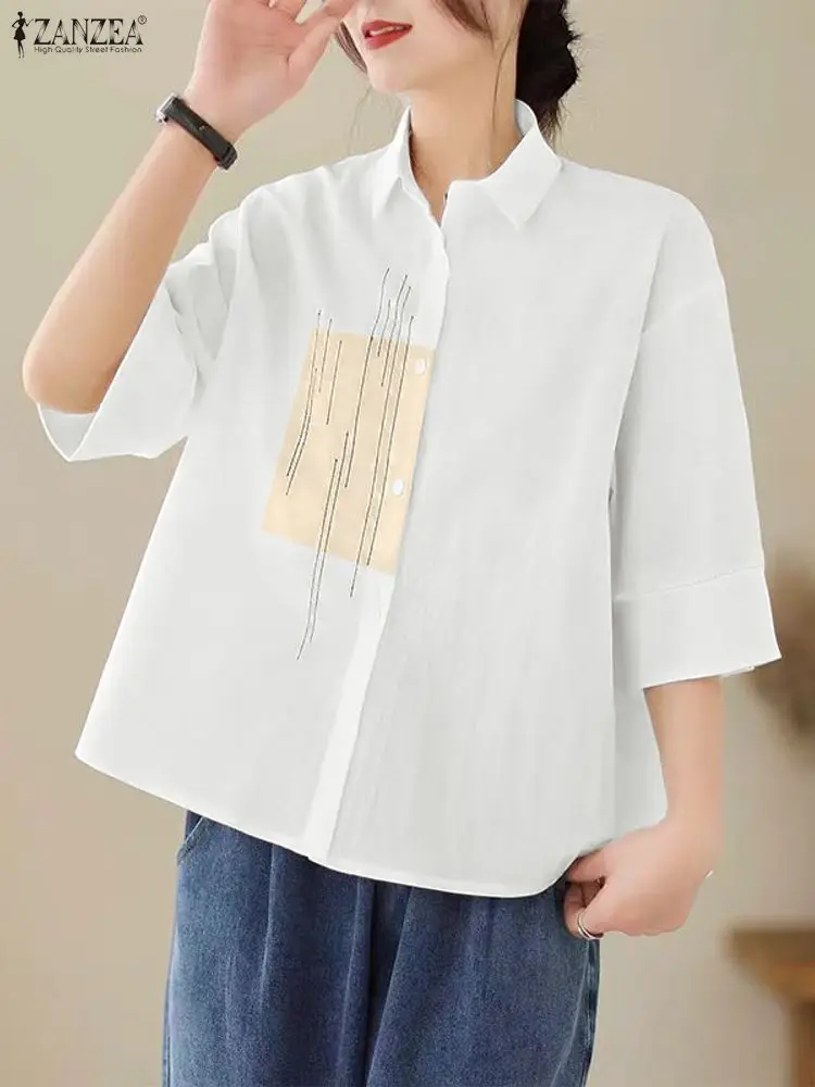 

Модные топы ZANZEA, элегантные рубашки с вышивкой, женские летние повседневные однотонные блузки с пышными рукавами и лацканами, офисные блузки, винтажные Femininas
