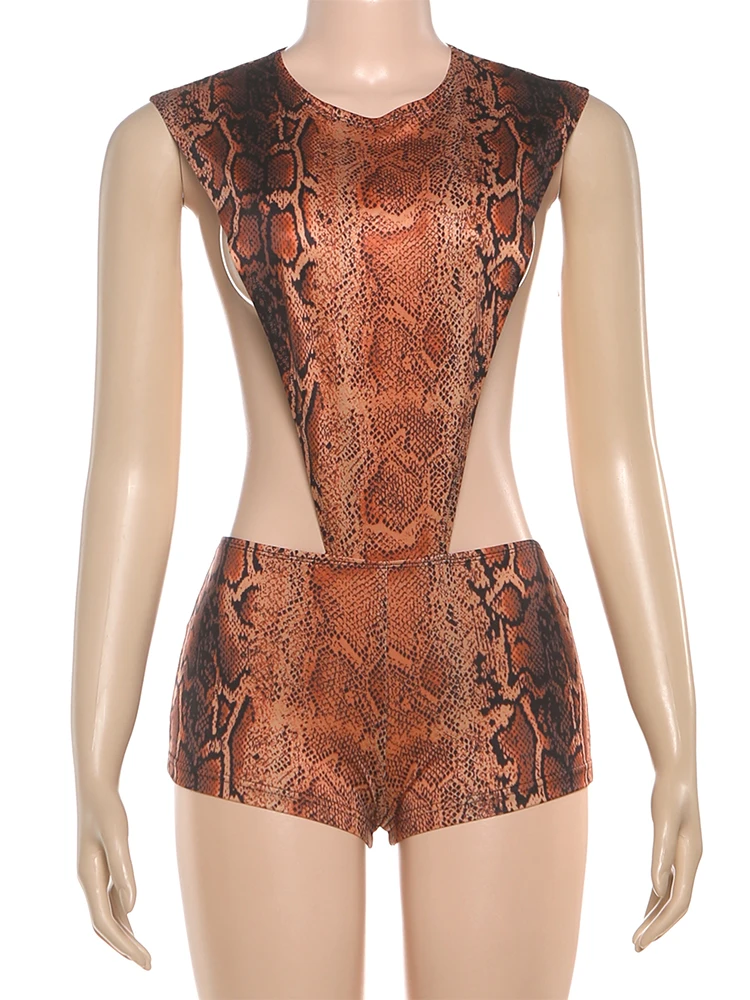 غريب سنور مثير المرقعة رومبير المرأة الأفعى طباعة الجانب الجوف الخصر أكمام نحيل كلوبوير منتصف الليل تمتد Playsuit