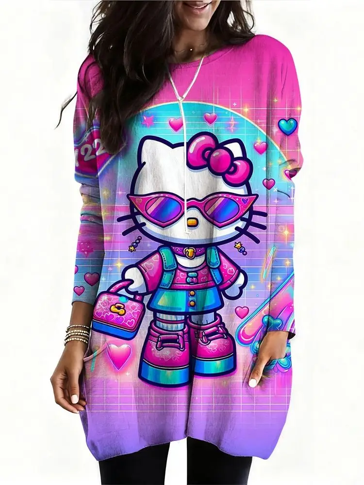 

Sanrio's Hello Kitty Electric Guitar Printed Women's T-Shirt Casual long Sleeve Spring/Summer Fashion Pattern Y2K Top with pocke