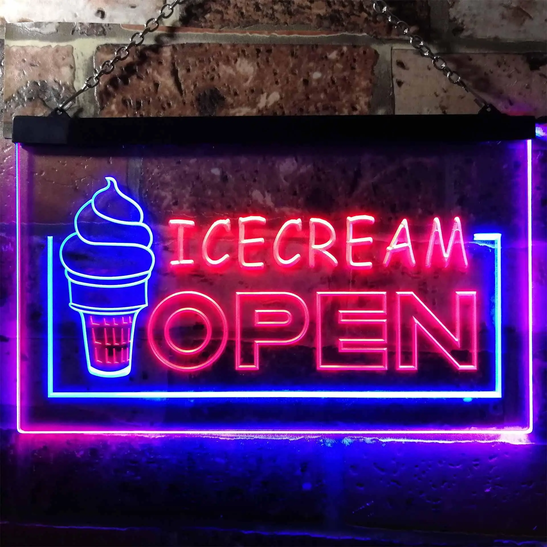 

ICECREAM ОТКРЫТЫЙ. Двухцветная светодиодная неоновая вывеска с конусом мягкого мороженого st6-m0079