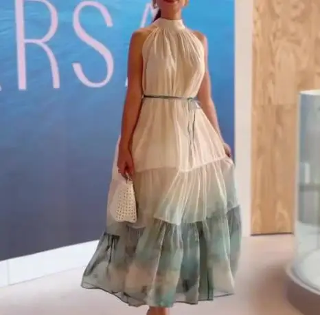 Verão feminino estilo francês em torno do pescoço sem mangas tie dye vestido diário usar mulher em camadas babados moda doce a linha vestidos