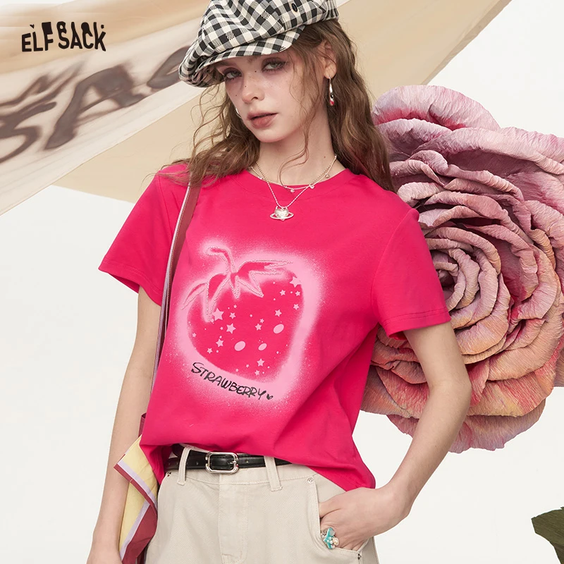 ELFSACK Hot Pink Crew Neck Spray Paint Strawberry Star Print Short Sleeve T-Shirt for Women