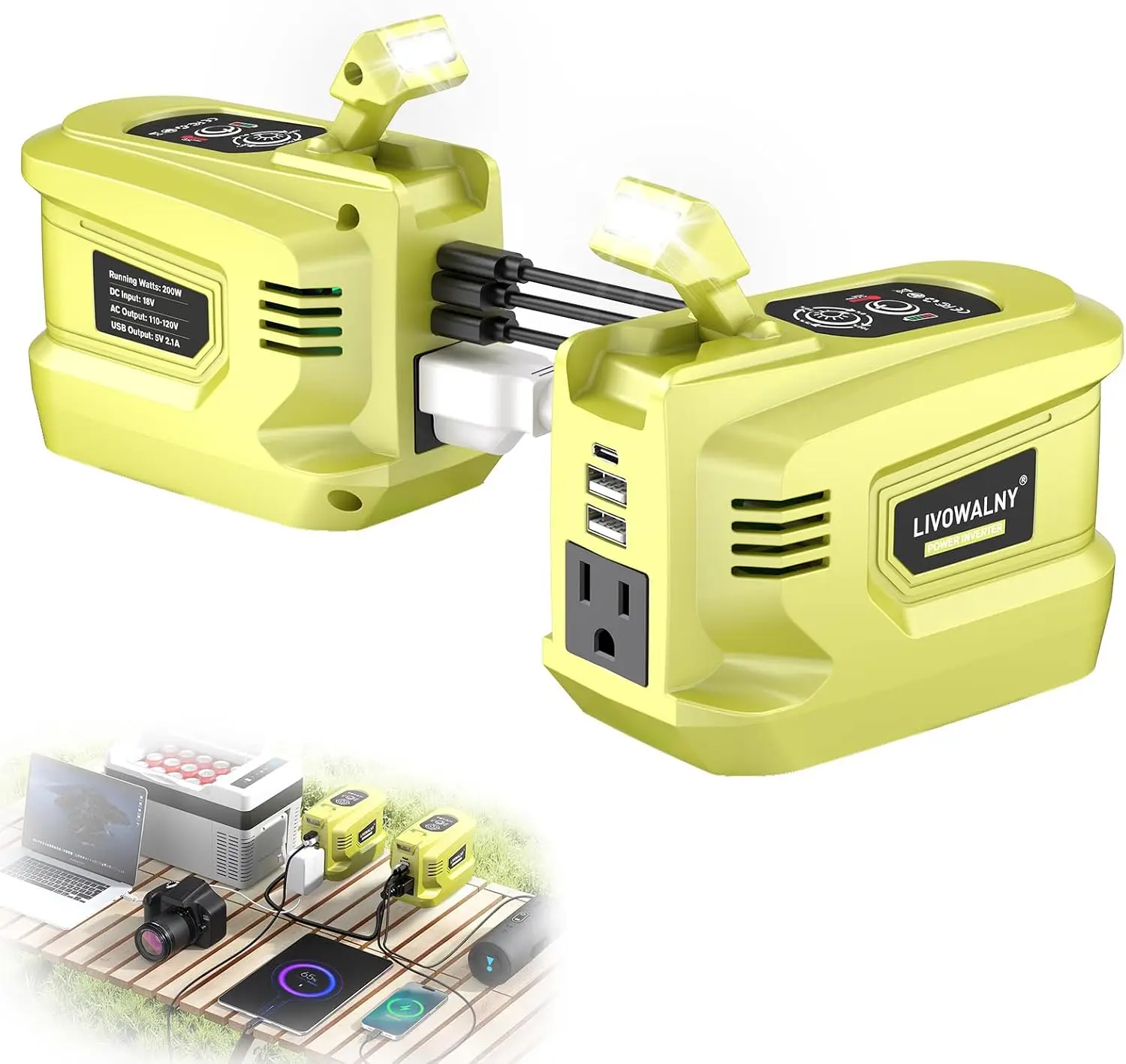 

200W Power Inverter for Ryobi 18V Battery, DC to AC 110-120V with 1 AC Outlet, 2 USB, Type-C & LED Light, Camping Emergency Use (No Battery, 2-Pack)