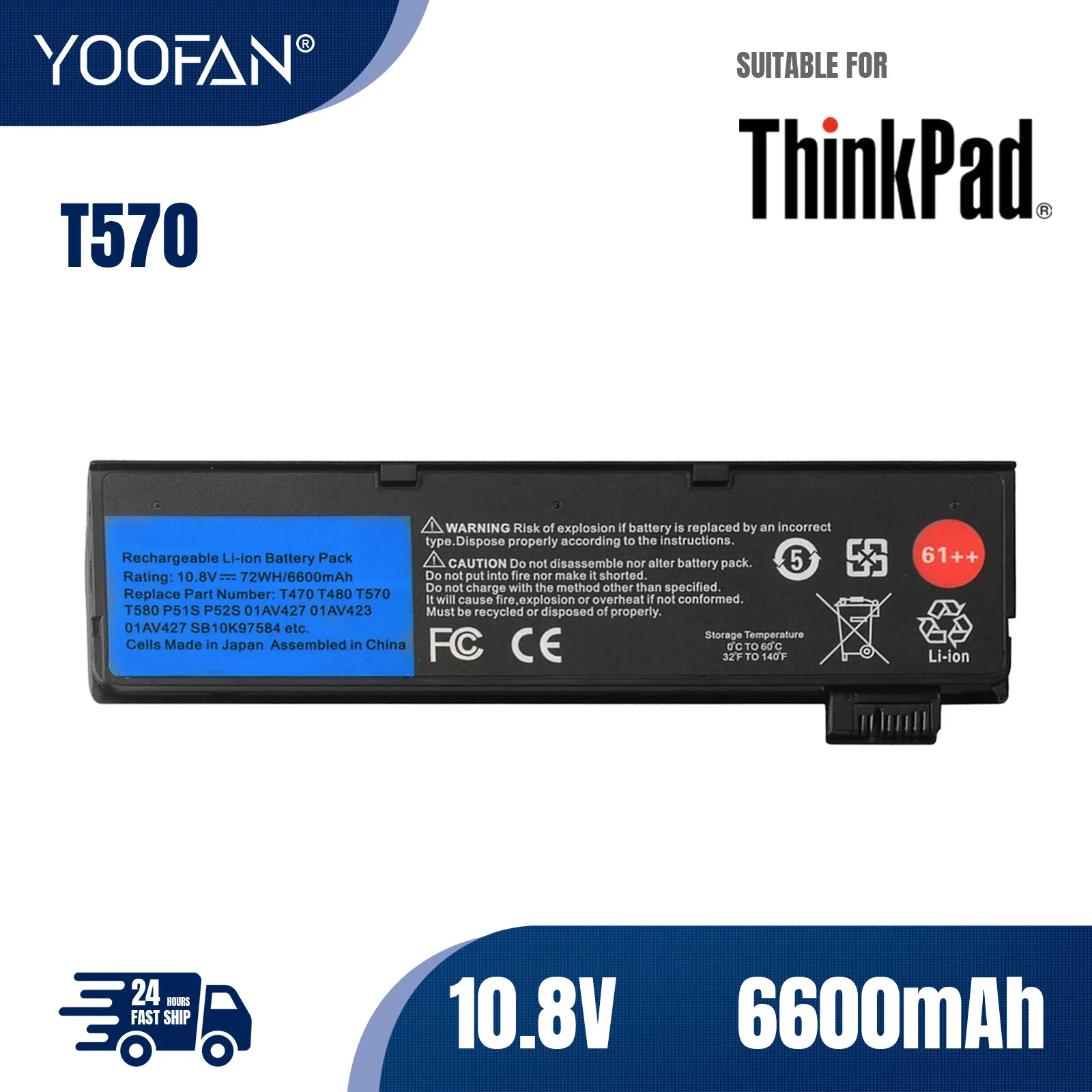 YOOFAN Batería de 10,8 V para ordenador portátil, Pila de 6600mAh para Lenovo ThinkPad T470, T480, T570, T580, P51S, P52S