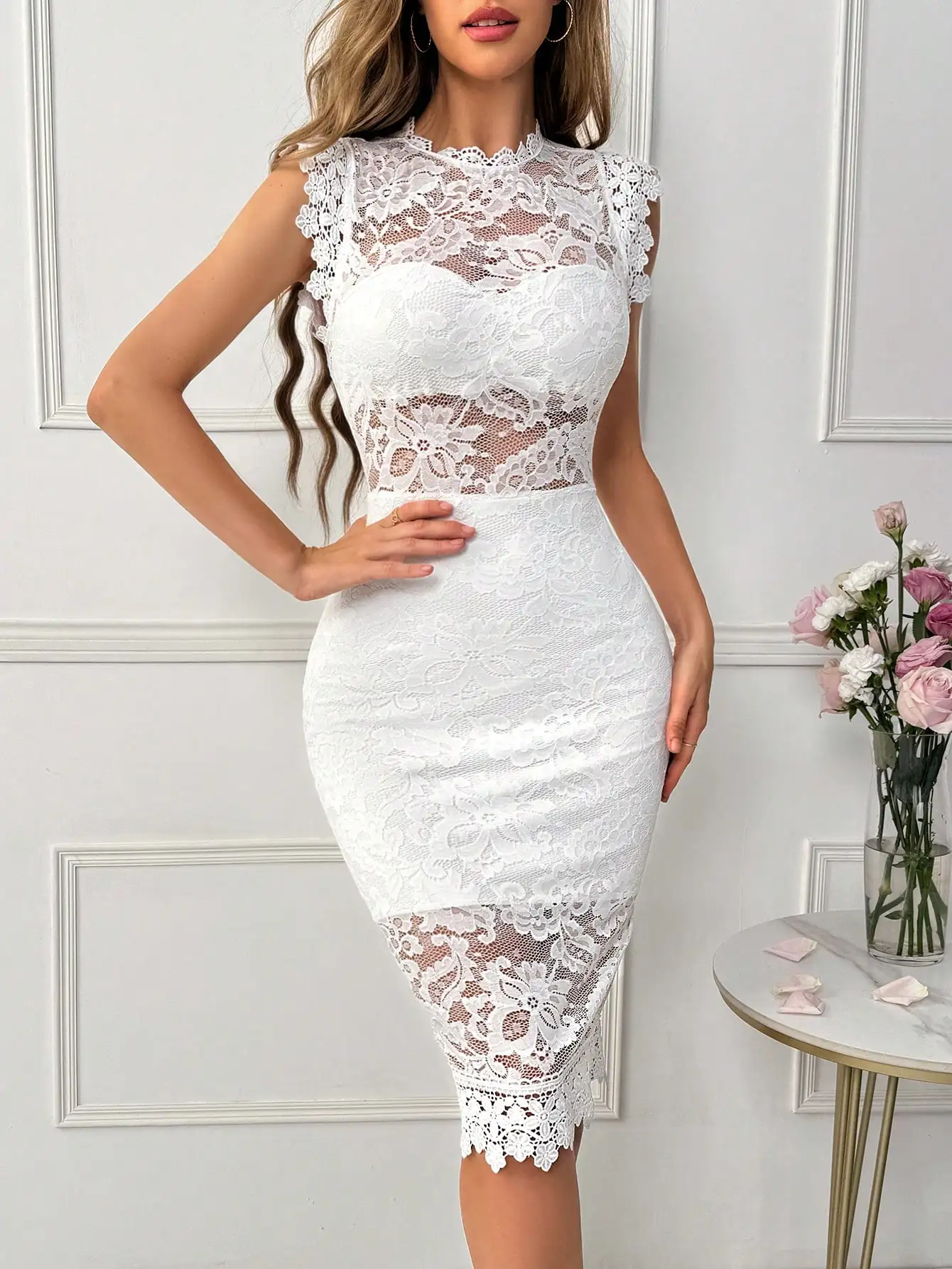 Firerie Minivestido feminino de verão simples e elegante de renda branca com recortes ocos e cintura,