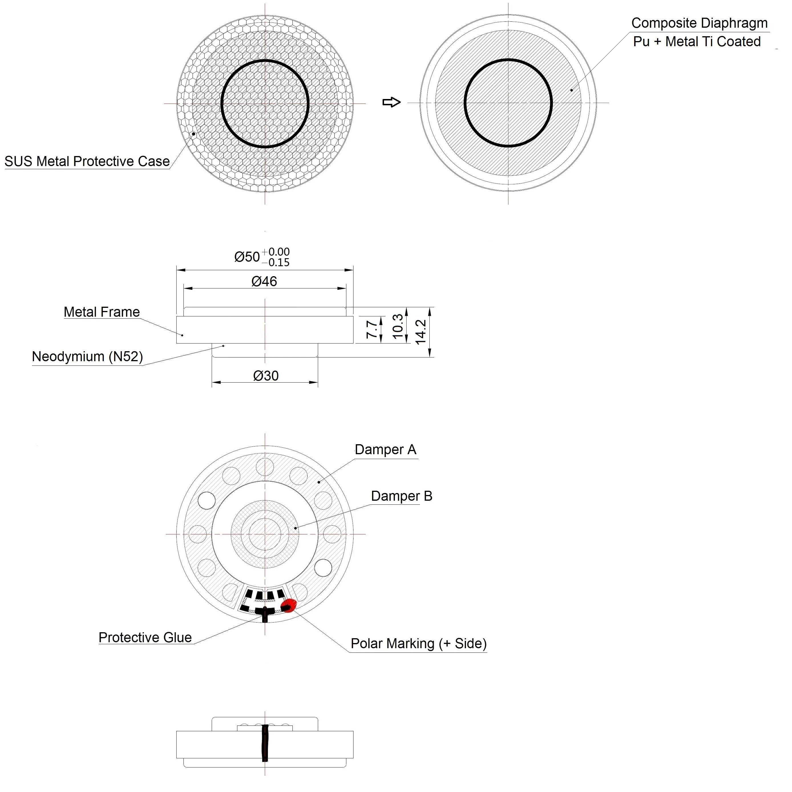 Hifi Headphone Driver Magnet Speaker, Boa Qualidade, Quadro De Alumínio De Metal De Metal, Revestimento De Metal PU Seja o Diafragma, Neodímio N52, 50mm