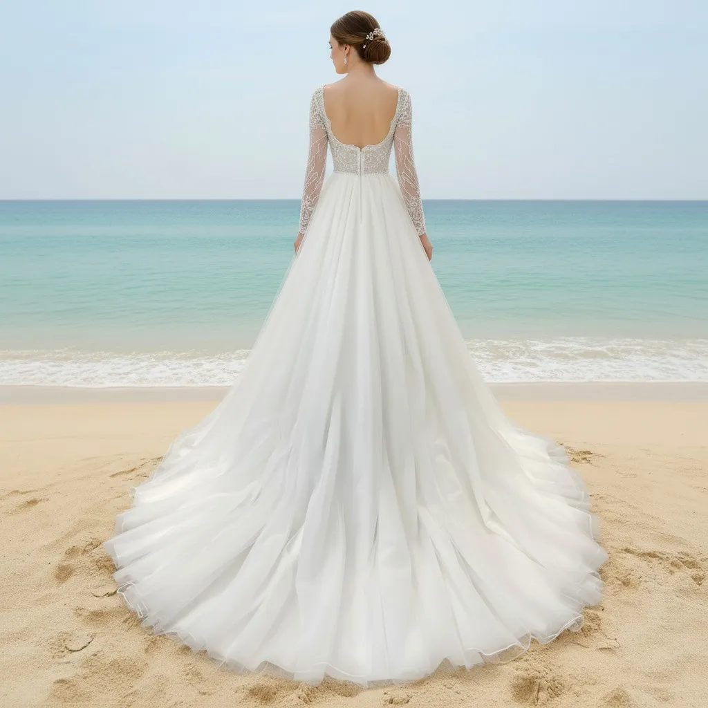 Rosymae Elegant Square Neck Wedding Dress with Long Sleeves for Bride Gown Fitted Floor-Length Style فساتين سهرات