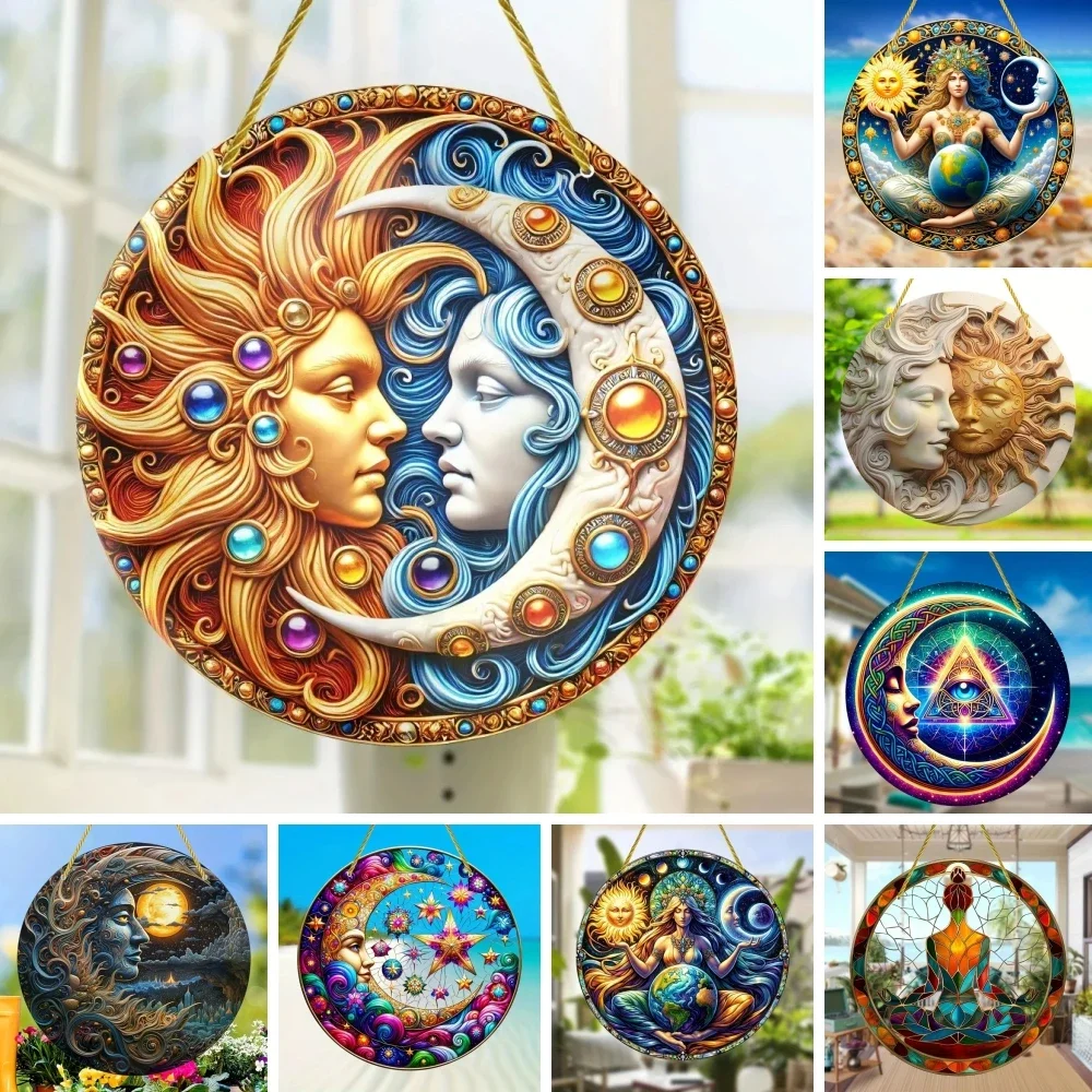 Art esthétique Yin et Yang, dieu du soleil et de la lune, attrape-soleil, pare-soleil, fenêtre teintée suspendue, signe de couronne ronde créative en acrylique