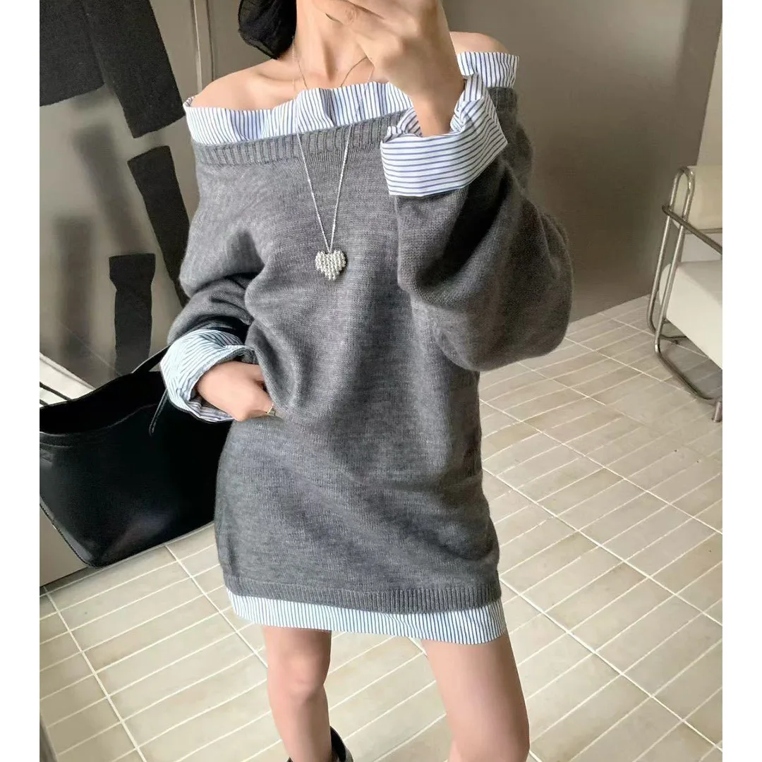 

One-word collar color matching design fashion casual sweater two-piece set autumn and winter new knitted sweater set women