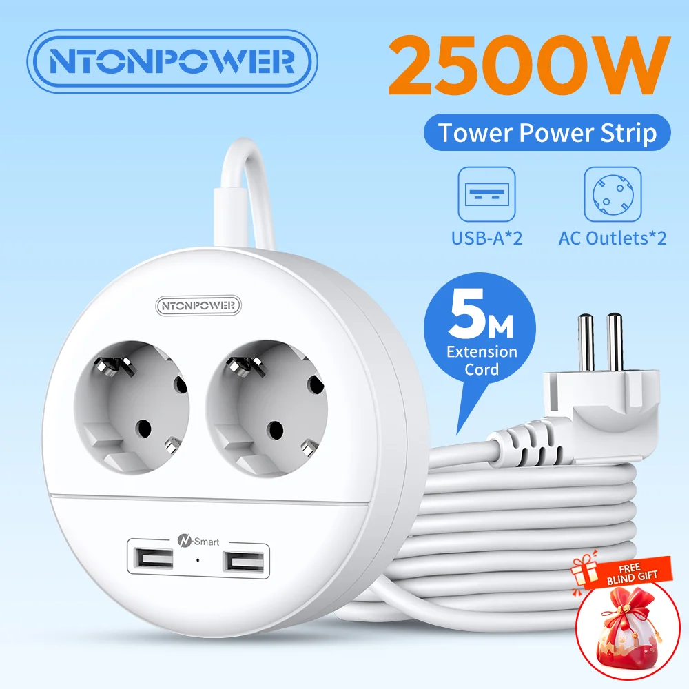 

NTONPOWER Travel USB Power Strip Wall Mounted Network Filter with 2 AC 2 USB Extension Socket EU Plug Portable charging station