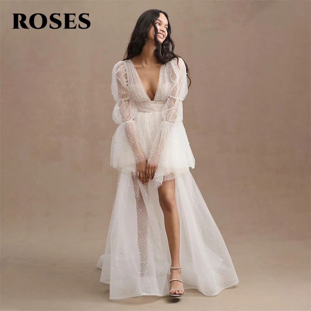 ROSES – robe formelle en Tulle avec perles blanches, tenue de soirée pour mariage, col en v, haute et basse, pour occasions spéciales, personnalisée