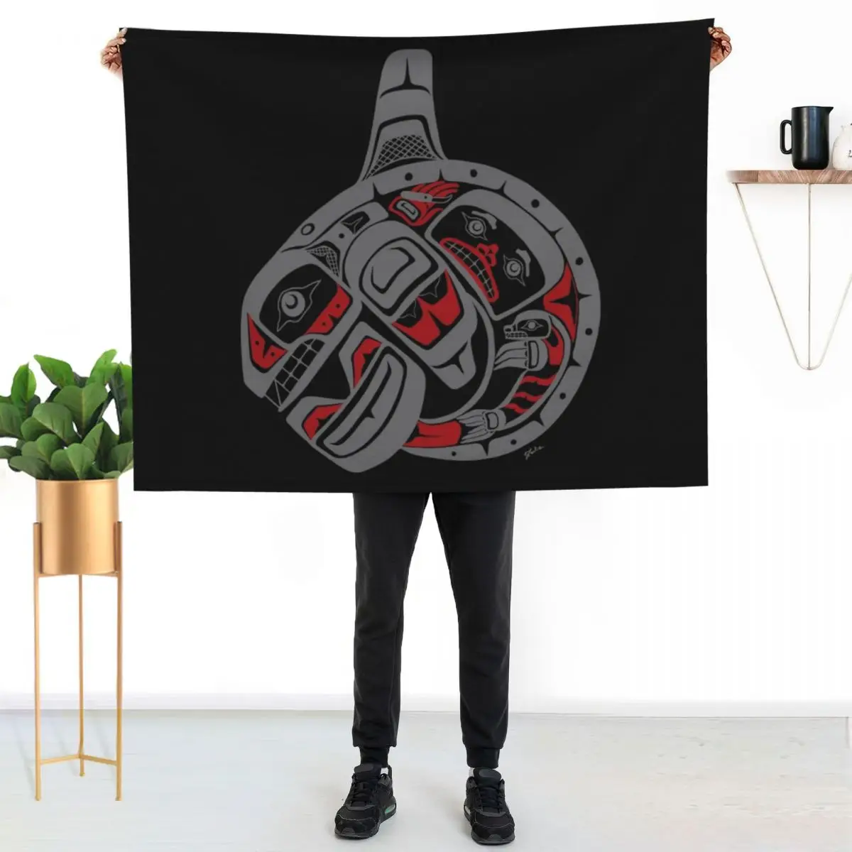 BLACKFISH - PNW native, Tlingit style orca killer whale GRAY Throw Blanket Furrys for babies Vintage Luxury St Blankets