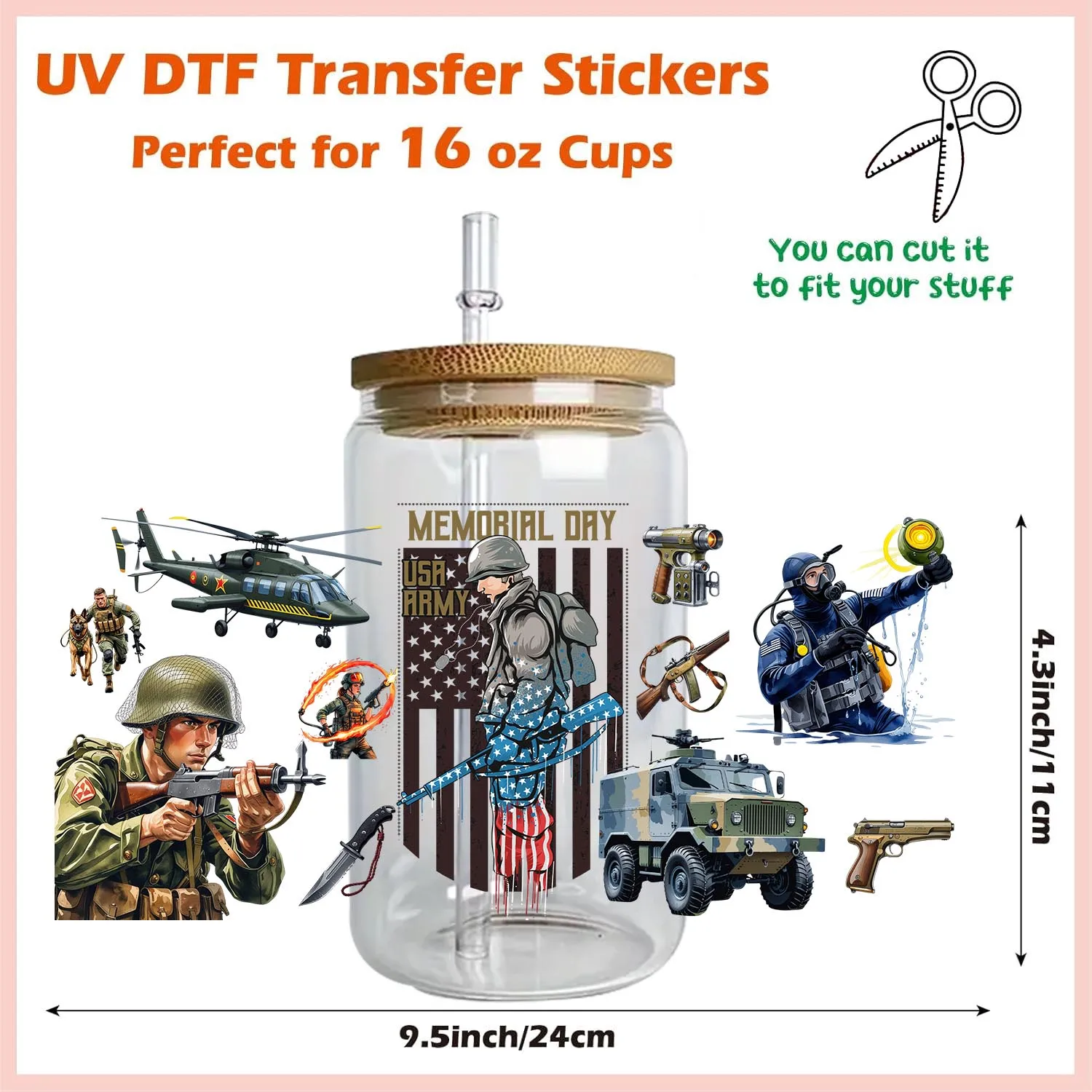 Mix Design Of USA Army UV DTF Snowman Cups Wraps Libbey 16oz Cup Transfer Soldier Veteran Brothers Vibe 3D Stickers