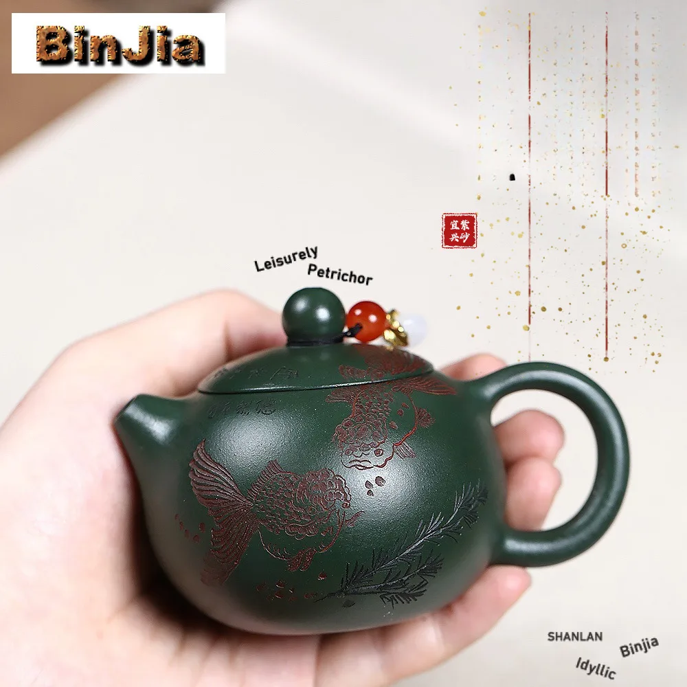 

110 мл высококачественные чайники Yixing из фиолетовой глины ручной работы с двойной рыбой, маленький горшок Xishi, чайник из необработанной руды, зеленая грязь, чайный сервиз Zisha, украшения