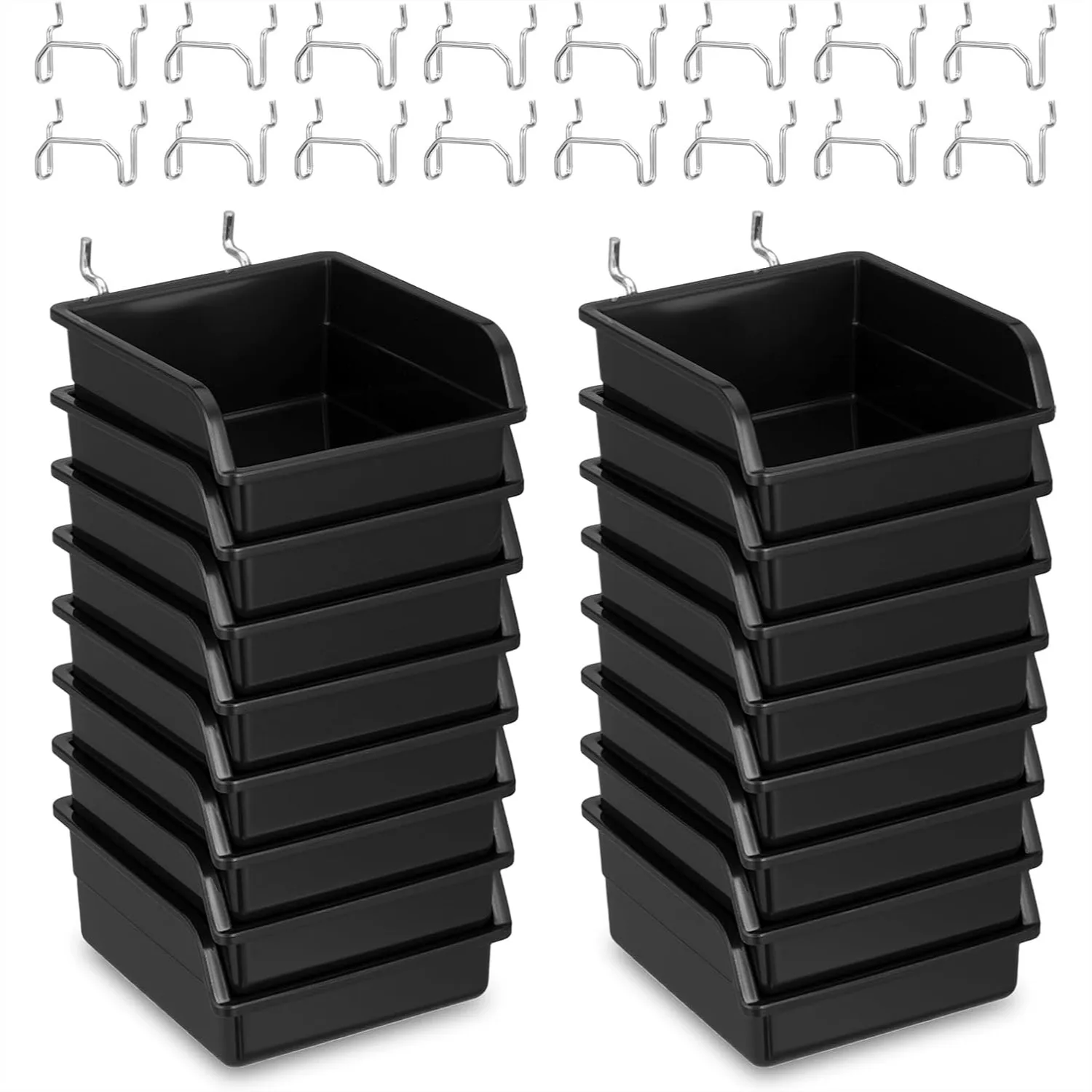 

16 Pcs Heavy Duty Pegboard Bins with Metal Hooks, Black Plastic Storage Organizer for Garage, Workshop, Craft Room Hardware
