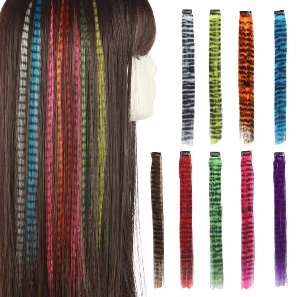 45cm Women Clip-in Raccoon Tail Hair Extension Heat Resistant Natural Look Long Straight Synthetic Stripe Printed Hairpiece Wig