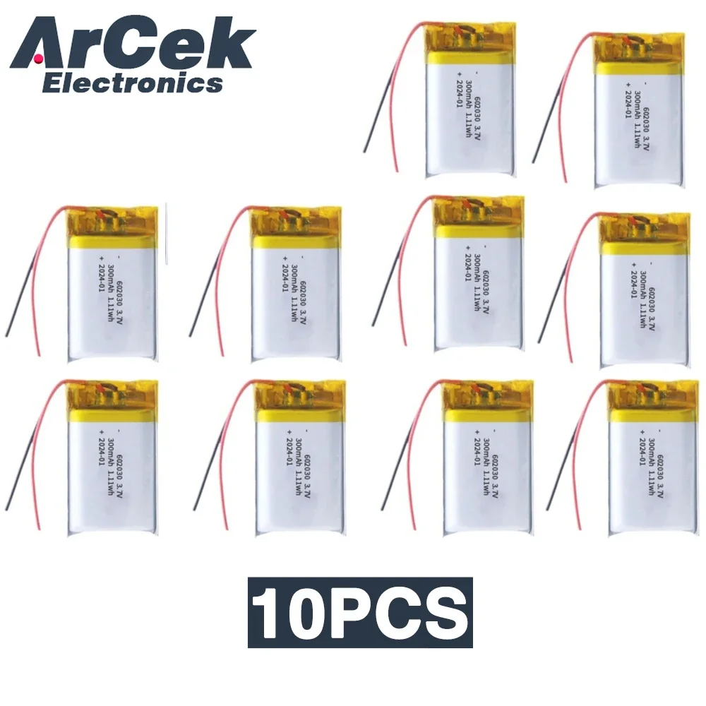 3.7V 300mAh 602030 Rechargeable Lithium Battery 2lipo Li-ion Polymer Batteries for Bluetooth Headset Speaker Monitor Self-Timer