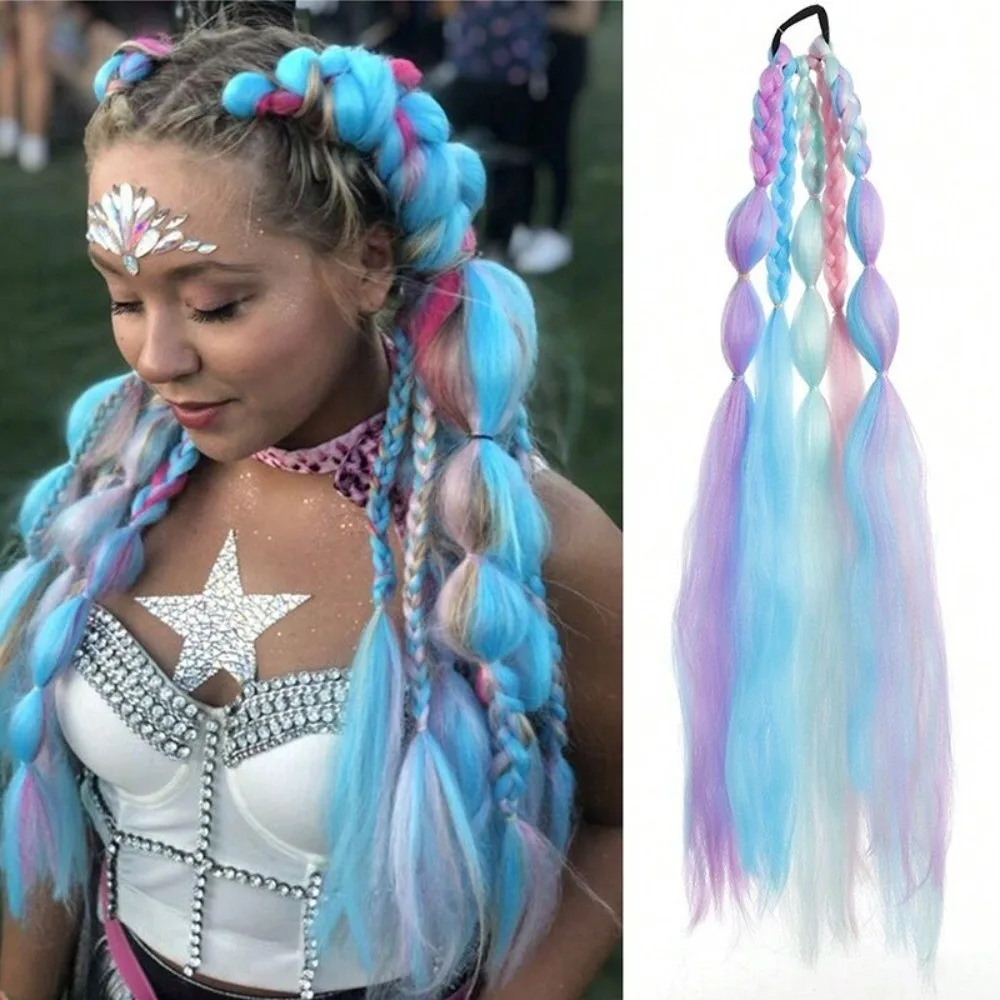 New Colorful Braided Wigs Multicolored Gradient Twist Bubble Braid Ponytail Handmade Twist Braid Hair For Girls Costume
