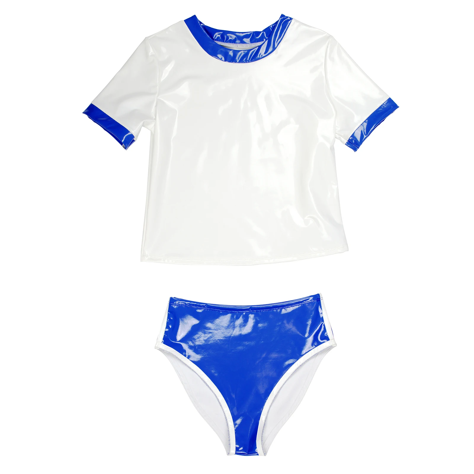 Ftshist Shiny Patent Leather Gym Suit Women 2Pcs Crop Short Sleeve Top Shorts Japanese School Cosplay Gymnastics Outfit view 5
