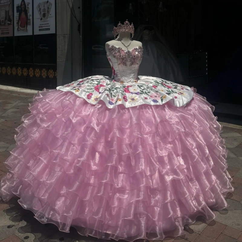 

Розовые платья Quinceanera с открытыми плечами и аппликацией из бисера, многоуровневое тюлевое платье для вечеринки, дня рождения, милое платье 16, Vestidos De 15 Anos