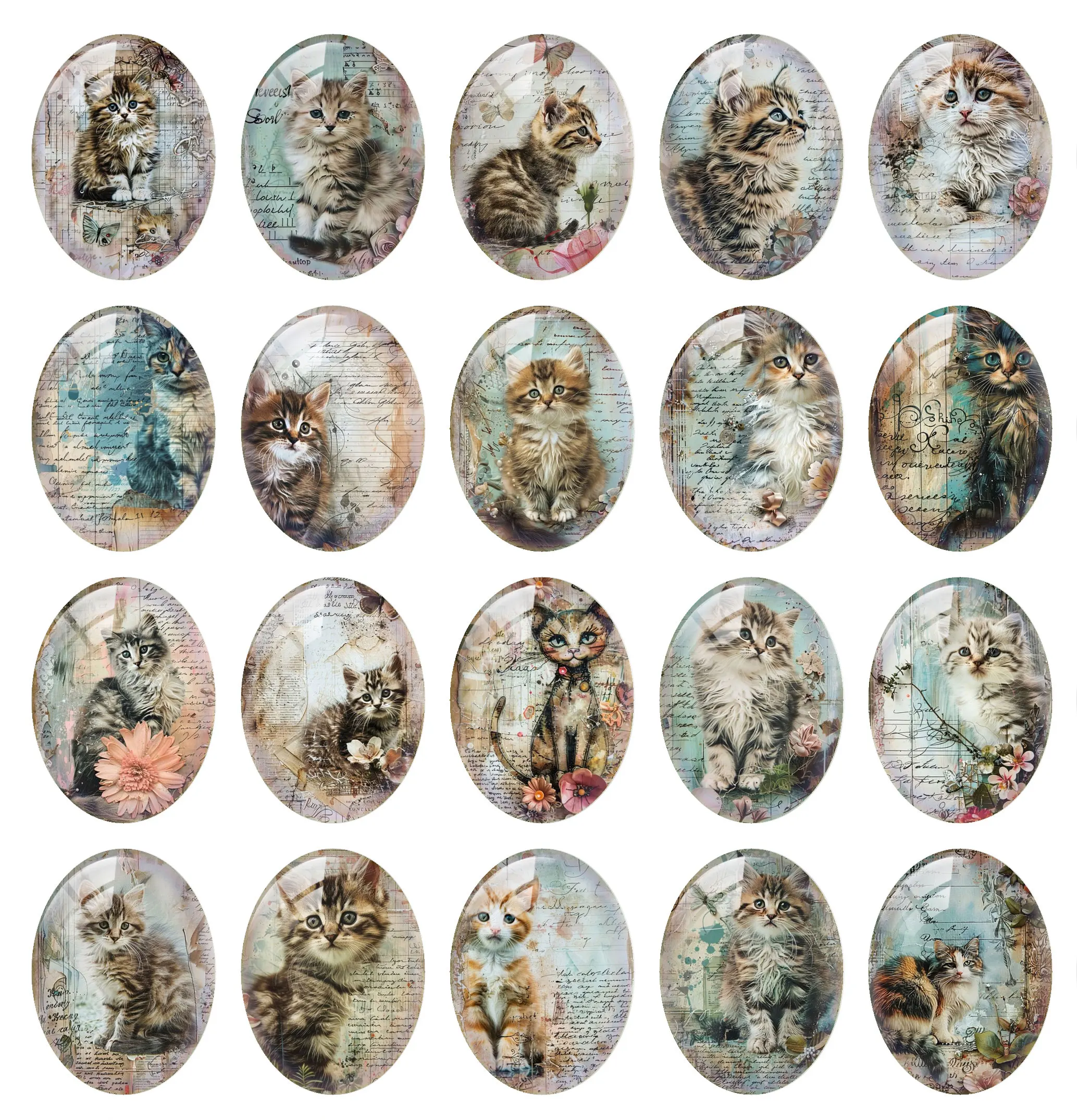 10pcs/lot Retro Flower Cat Oval Photo Glass Cabochon Flatback Demo Flat Back Cameo For Diy Jewelry Making Supplies