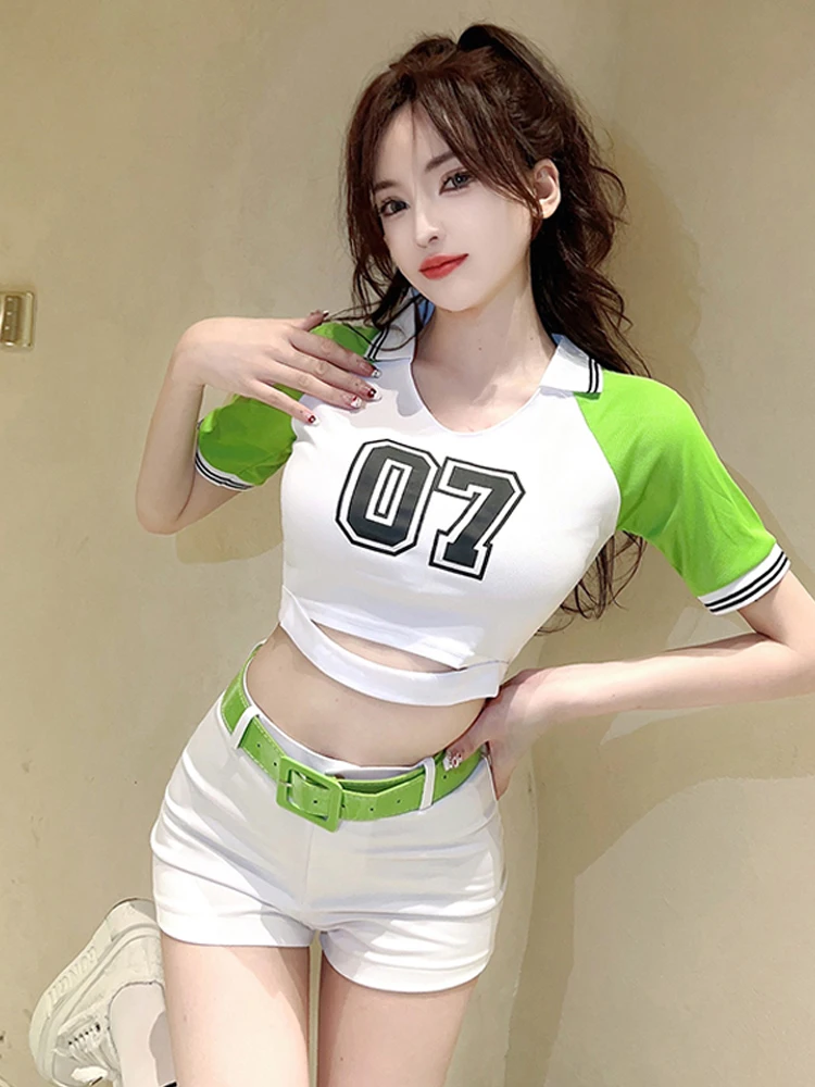 Sexy Fashion Football Cheerleading Performance Outfit Letter Print Slimming T-Shirt Shorts Set Short Style Belly Bearing