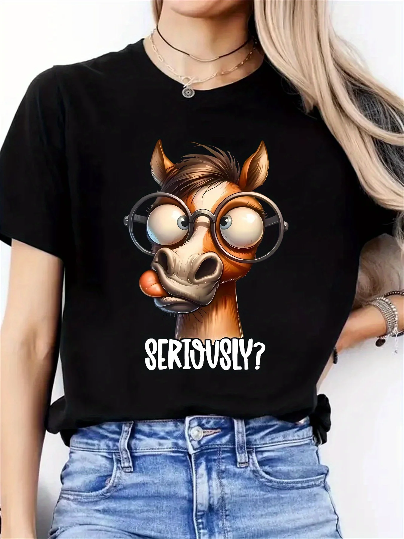 [เสื้อยืดกราฟิกตลก] เสื้อยืดกราฟิกม้าตลกของผู้หญิงที่สะดวกสบาย |   เสื้อยืดคอกลมดีไซน์ตลกสำหรับทุกฤดูกาล