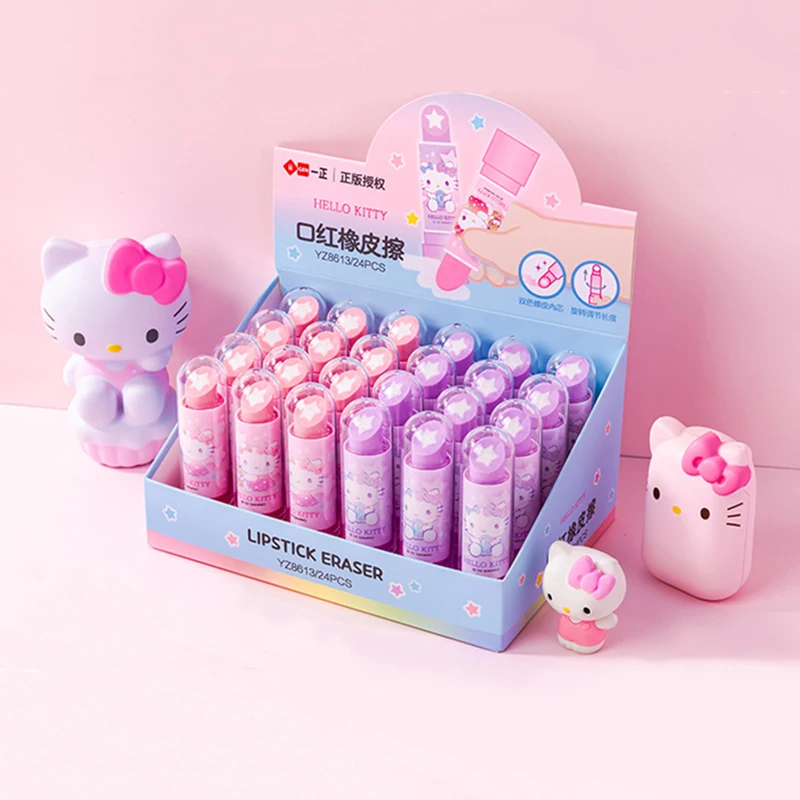 24pcs Sanrio Hello Kitty Kuromi Eraser Kawaii Girl Portable Lipstick Pencils Eraser School Office Supplies Stationery Wholesale