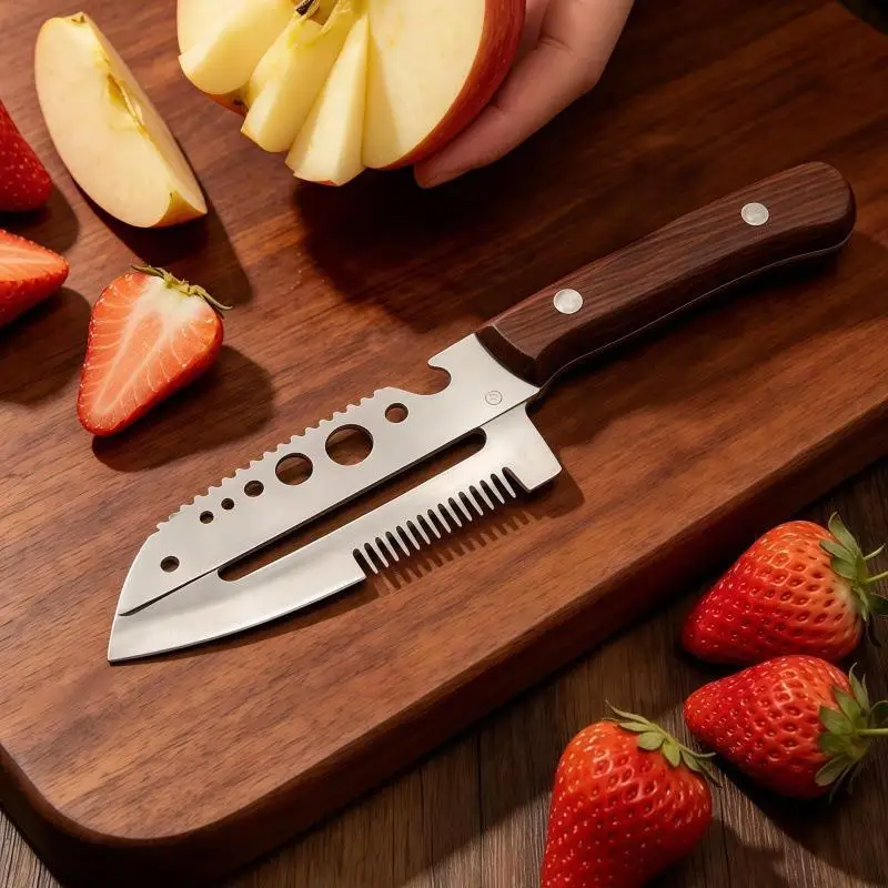 Multifunctional Stainless Steel Onion Cutter With Wood Handle Bottle Opener Fish Scraper For Home Kitchen Use Accessories Gift