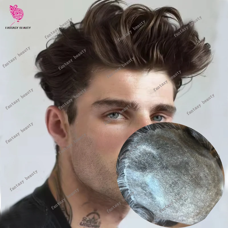 

Серо-белый 1B80 1B40 1B65, натуральная линия роста волос, прочный, ультратонкий, коричневый мужской парик, система из черных человеческих волос, накладка для волос, протез